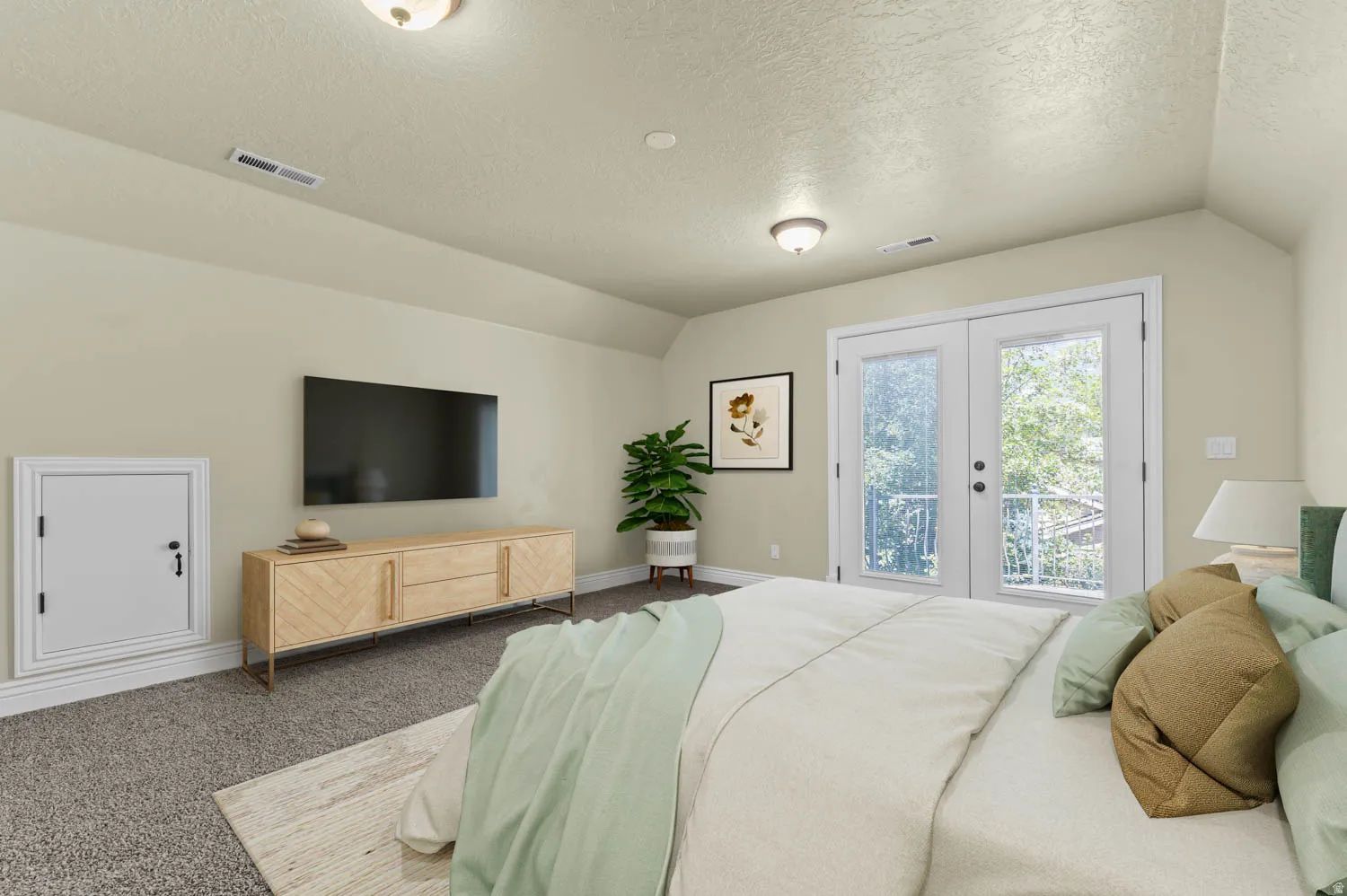 Bedroom space featuring a pair of double doors with exterior access, textured carpeting, and a built-in wall access panel