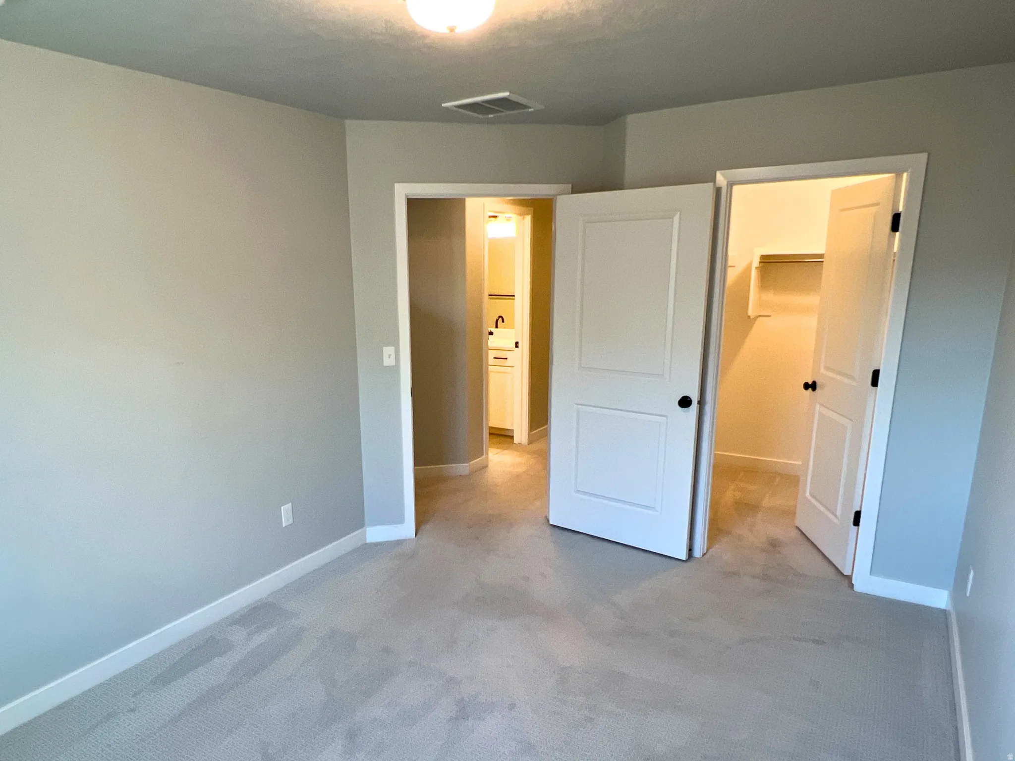 Neutral tone wall paint, light-colored carpeting, white trim, and a white ceiling light fixture