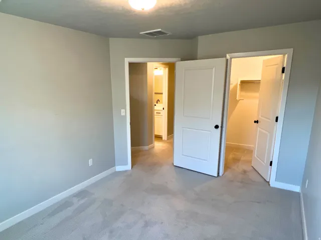 Neutral tone wall paint, light-colored carpeting, white trim, and a white ceiling light fixture