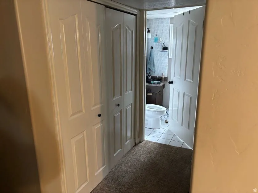 Hallway featuring bi-fold panel doors and carpet flooring