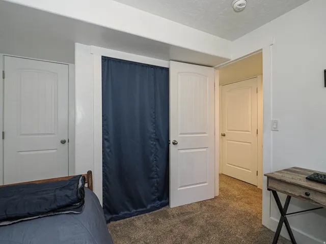 Carpeted room featuring multiple panel doors with rounded top panels, white trim, and a dark fabric closet covering