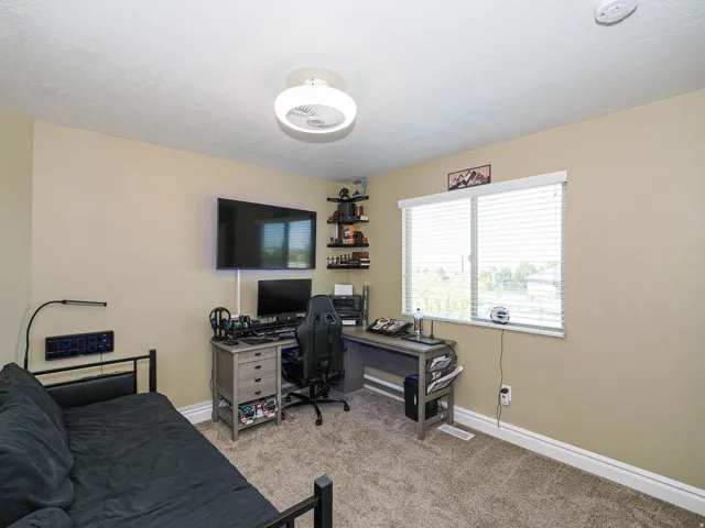 Carpeted room featuring a large window with blinds, ceiling-mounted light fixture, and neutral wall paint
