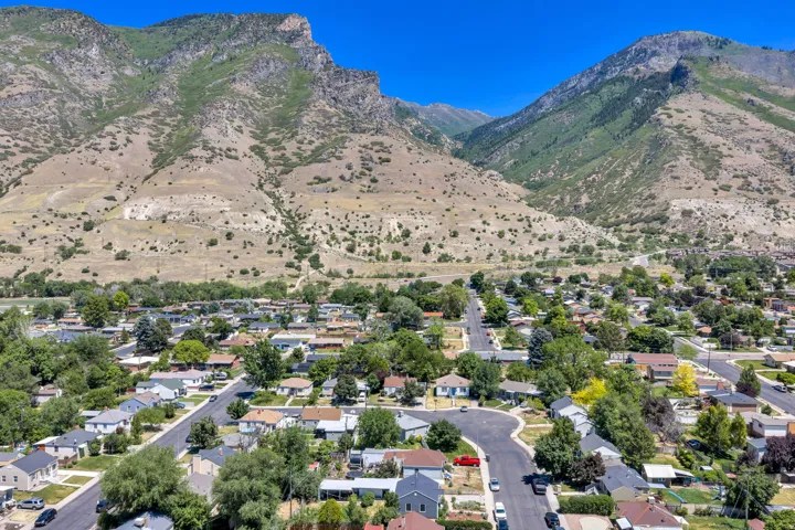 Expansive mountain backdrop with a residential area featuring mature tree-lined streets and established homes