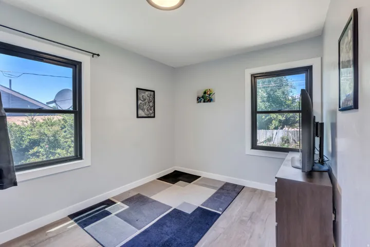 Light gray walls with white baseboards, wood-finish flooring, and black-framed windows