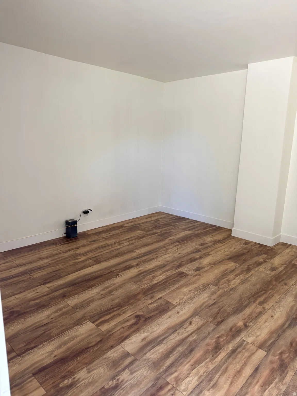 Spacious room featuring wood-finish flooring, white baseboards, and neutral wall paint