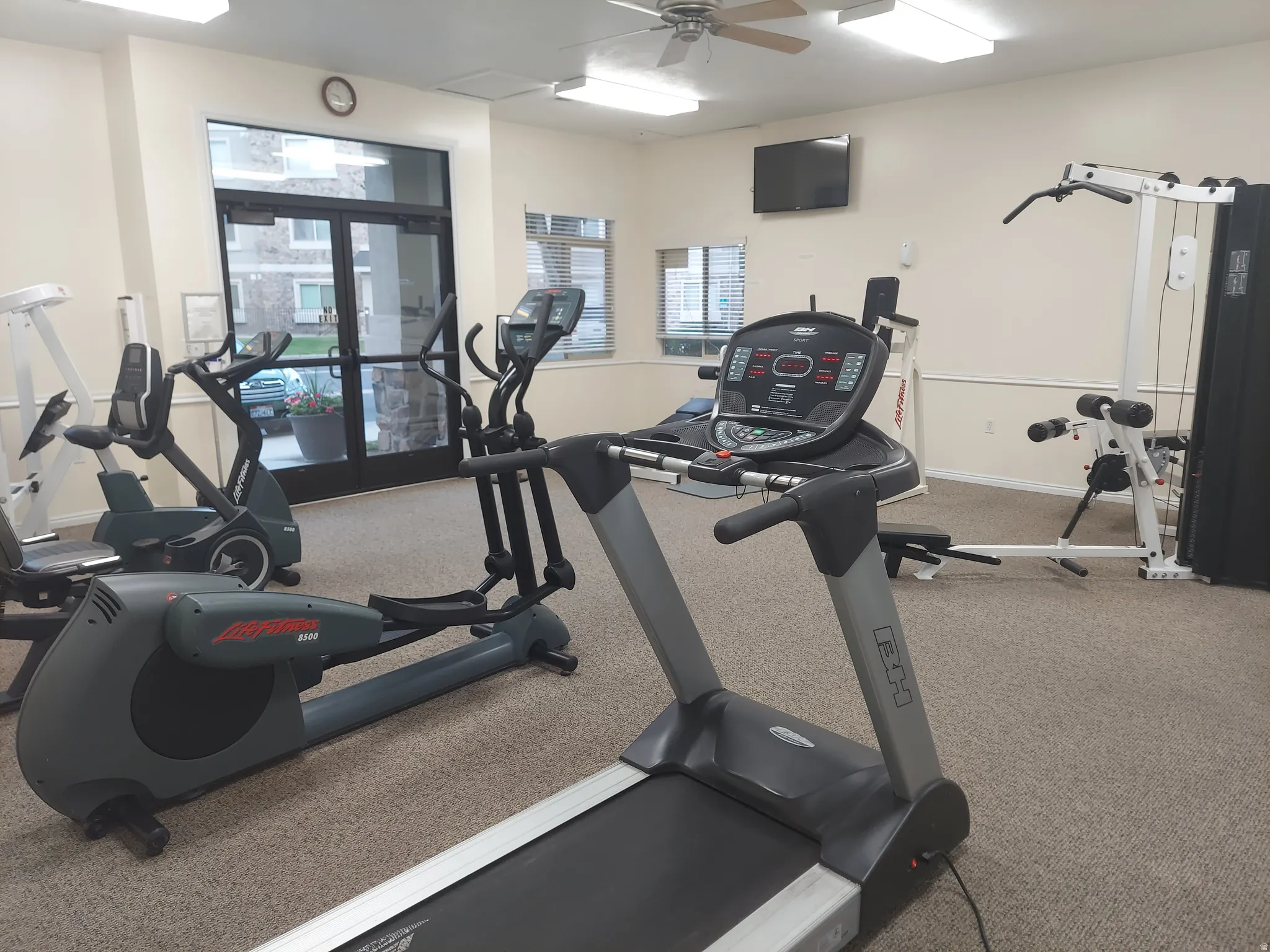 Fitness room featuring carpet flooring, ceiling fan, wall-mounted television, and exercise equipment