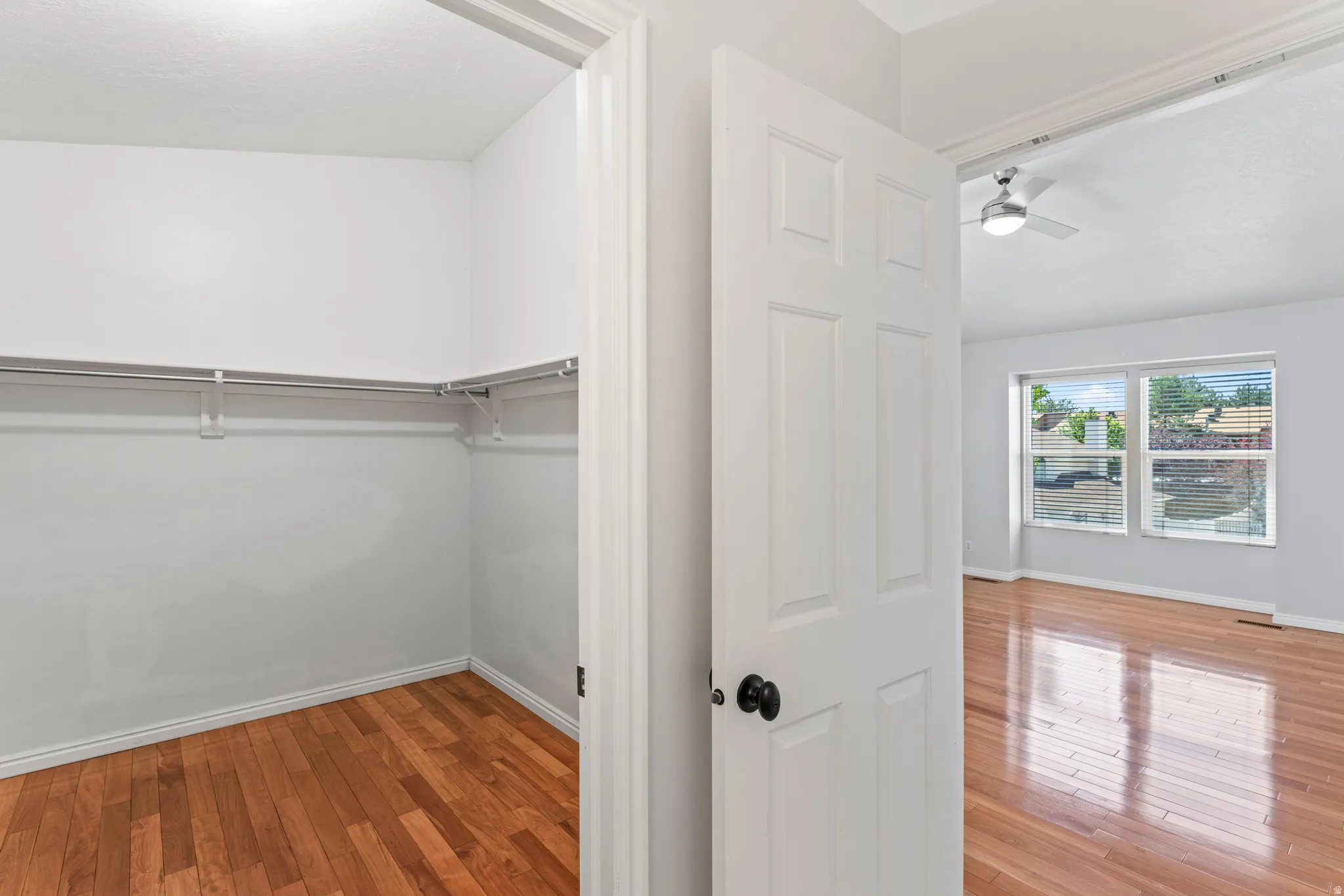 Walk-in closet featuring built-in shelving, wood-finish flooring, and white baseboards