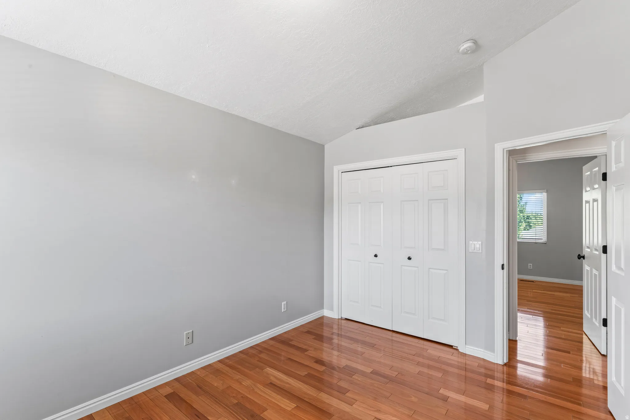 Room featuring wood-finish flooring, light grey walls, and a vaulted ceiling