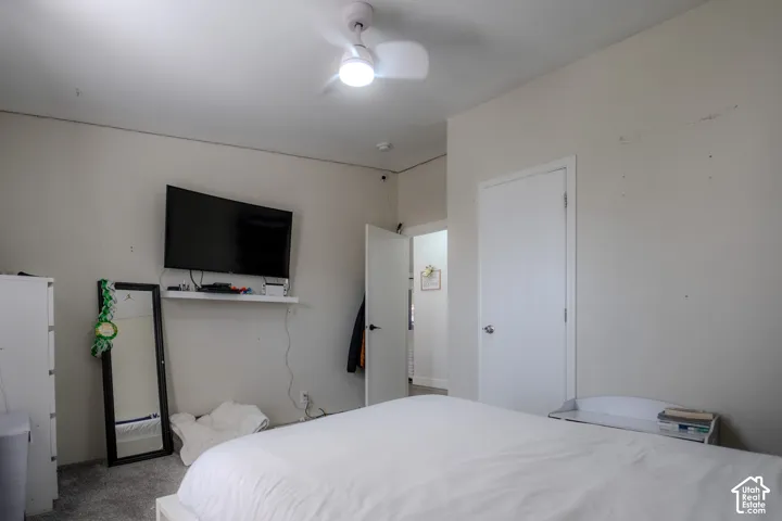 Bedroom with light gray wall paint and light-colored carpeting