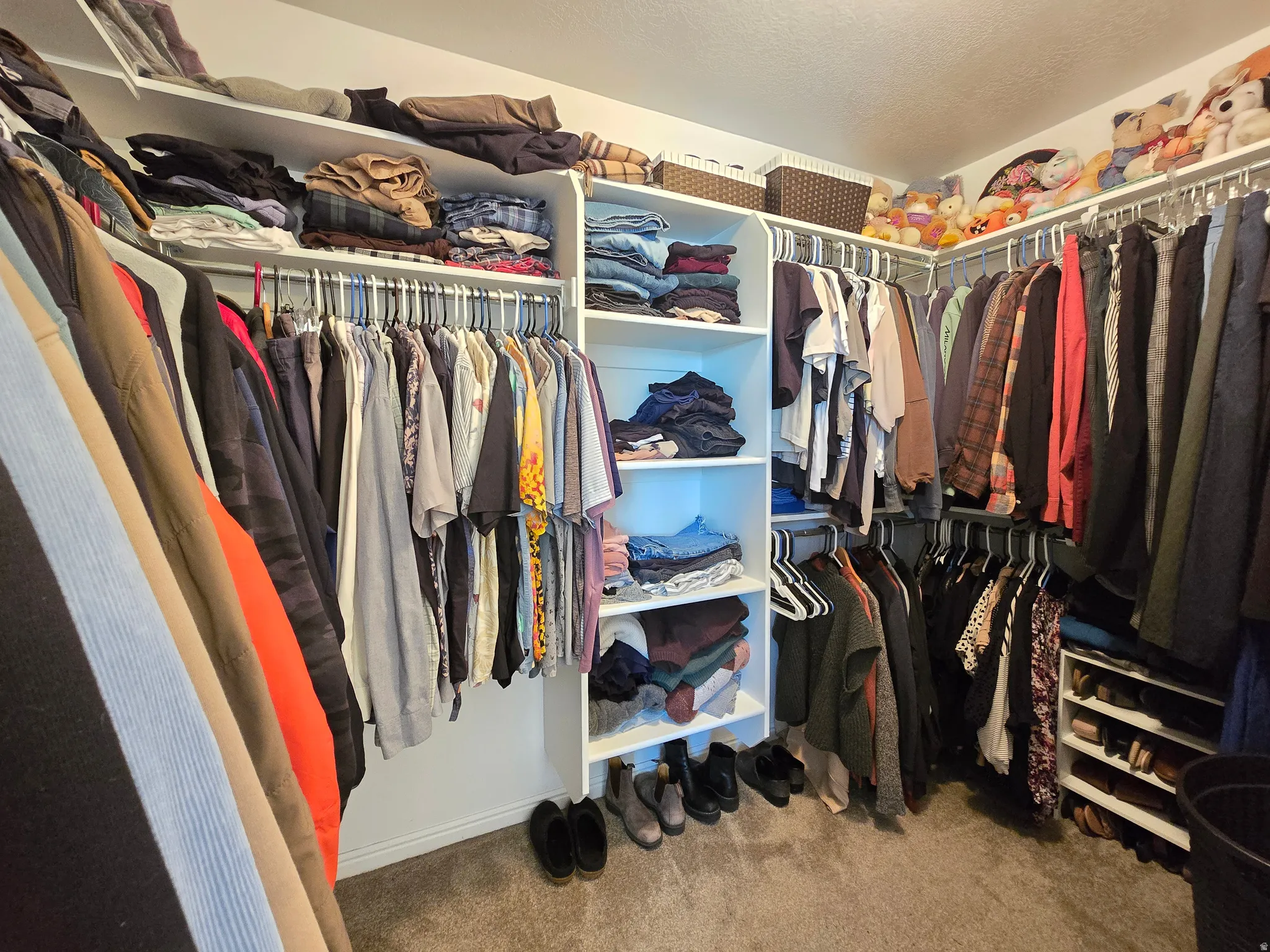 Walk-in closet featuring extensive built-in shelving, multiple hanging rods, and an integrated shoe rack