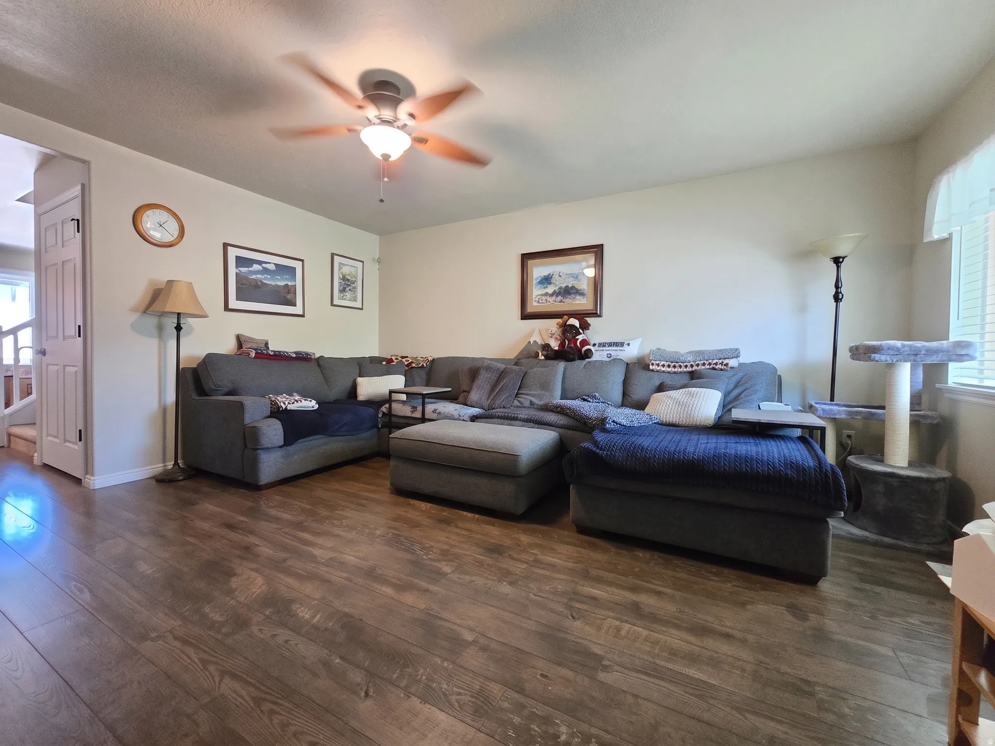 Spacious room featuring wood-finish flooring, light neutral wall colors, and a ceiling fan with integrated lighting
