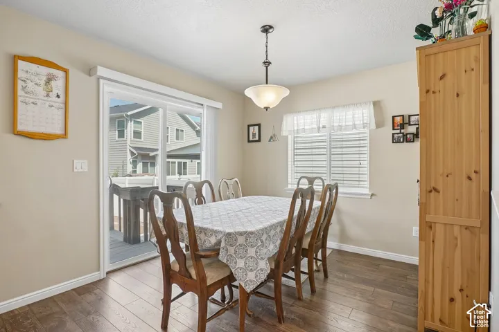 Dining area featuring wood-finish flooring, a contemporary ceiling light fixture, and light-toned wall paint