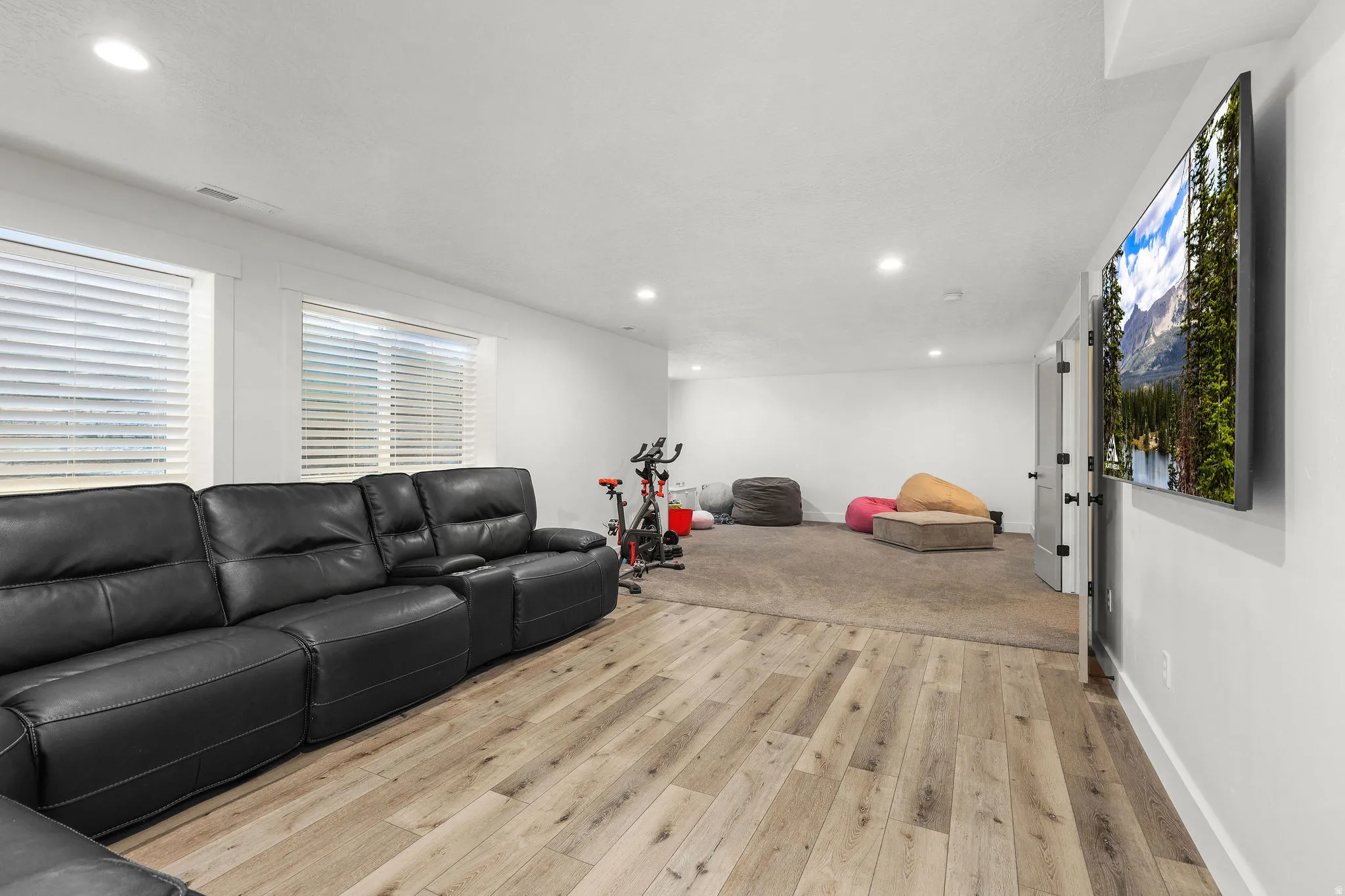 Spacious lower-level room featuring wood-finish flooring transitioning to carpeting