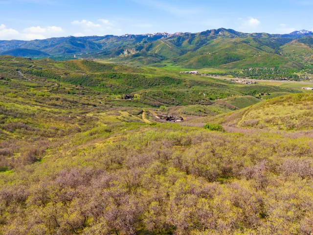 Expansive mountain landscape with diverse foliage and distant structures