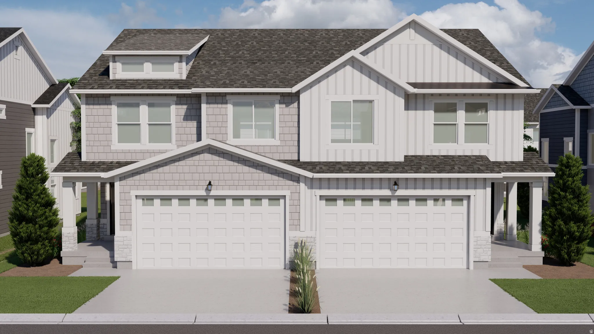 Modern two-story duplex featuring varied siding textures, attached two-car garages, a prominent dormer window, and covered entryways
