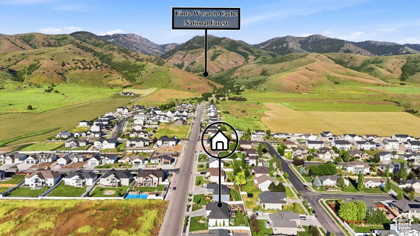 Aerial perspective showcasing a residential community with paved roads, surrounded by expansive green and golden fields