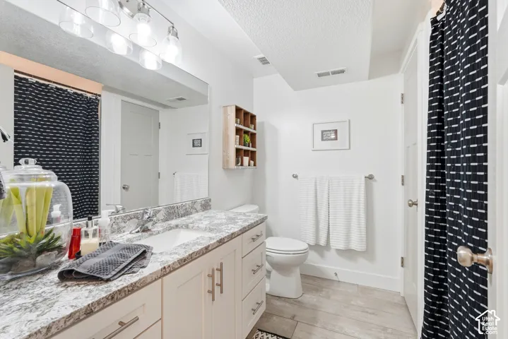Bathroom vanity featuring a single basin sink, speckled countertop, and light cabinetry with brushed nickel hardware