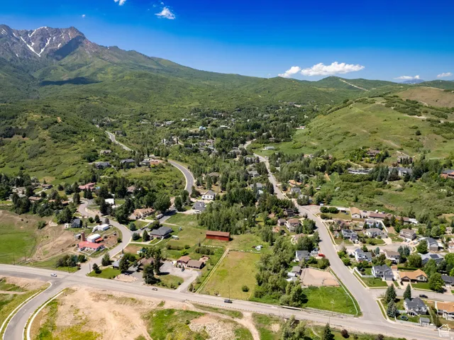 Expansive aerial showcasing a mountainous terrain with a snow-capped peak, abundant green foliage, and residential developments