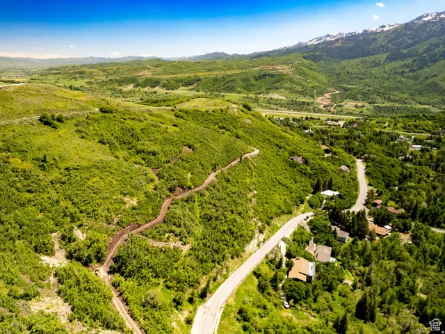 Expansive mountainous terrain featuring lush green foliage and winding roads