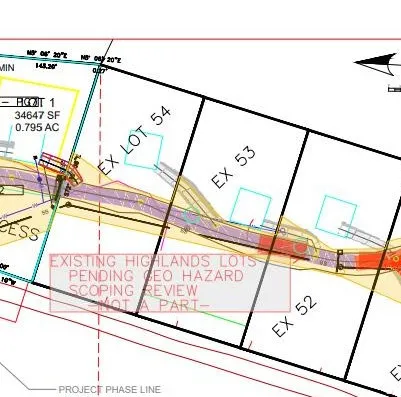 Survey Map. Indicating existing lot configurations and a pending geo hazard scoping review for the property