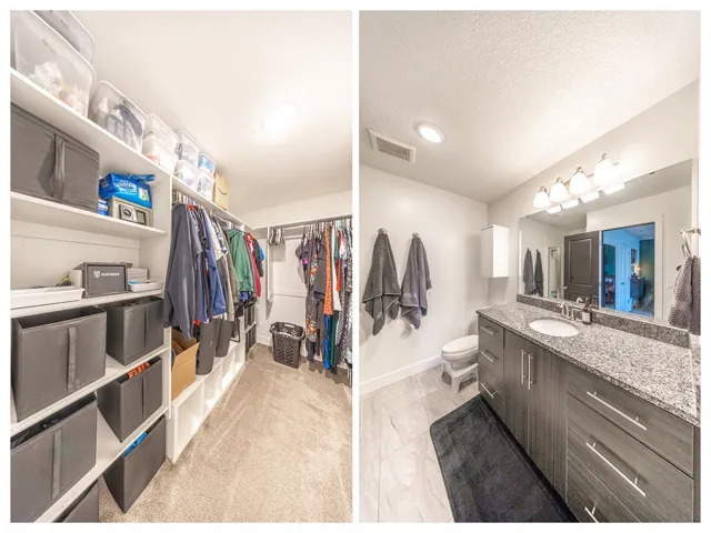 Walk-in closet featuring extensive built-in shelving and hanging rods