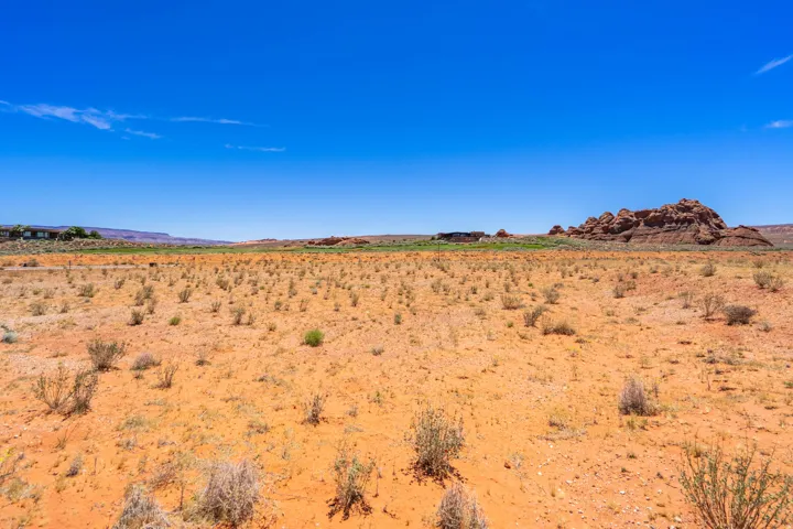 Expansive desert landscape featuring reddish-orange soil and scattered low-lying vegetation