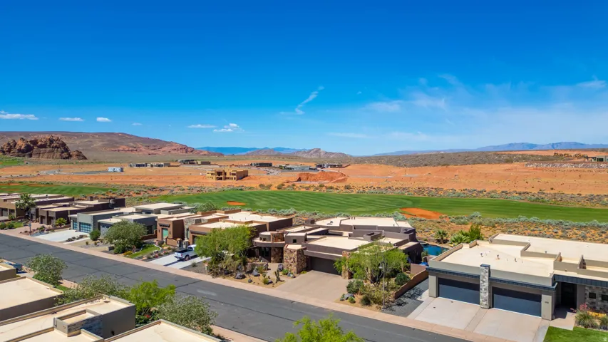 Aerial perspective showcasing a residential street with contemporary architectural styles