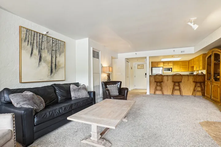 Open-concept living area featuring light-toned carpeting, a kitchen pass-through with bar seating, integrated wooden cabinetry, and track lighting