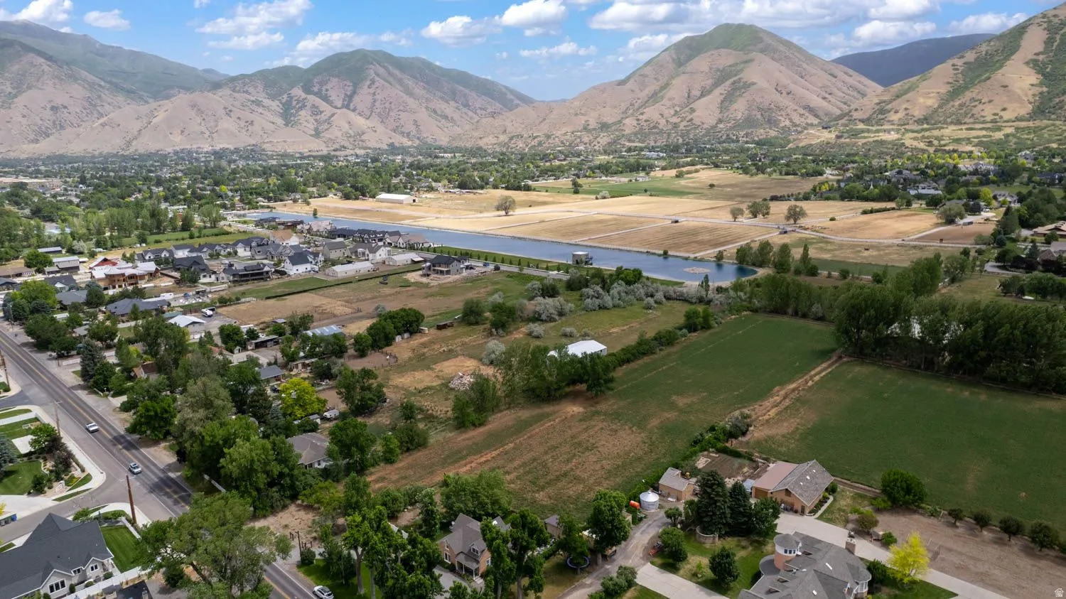 Expansive mountain backdrop framing a residential area with varied property sizes and mature trees