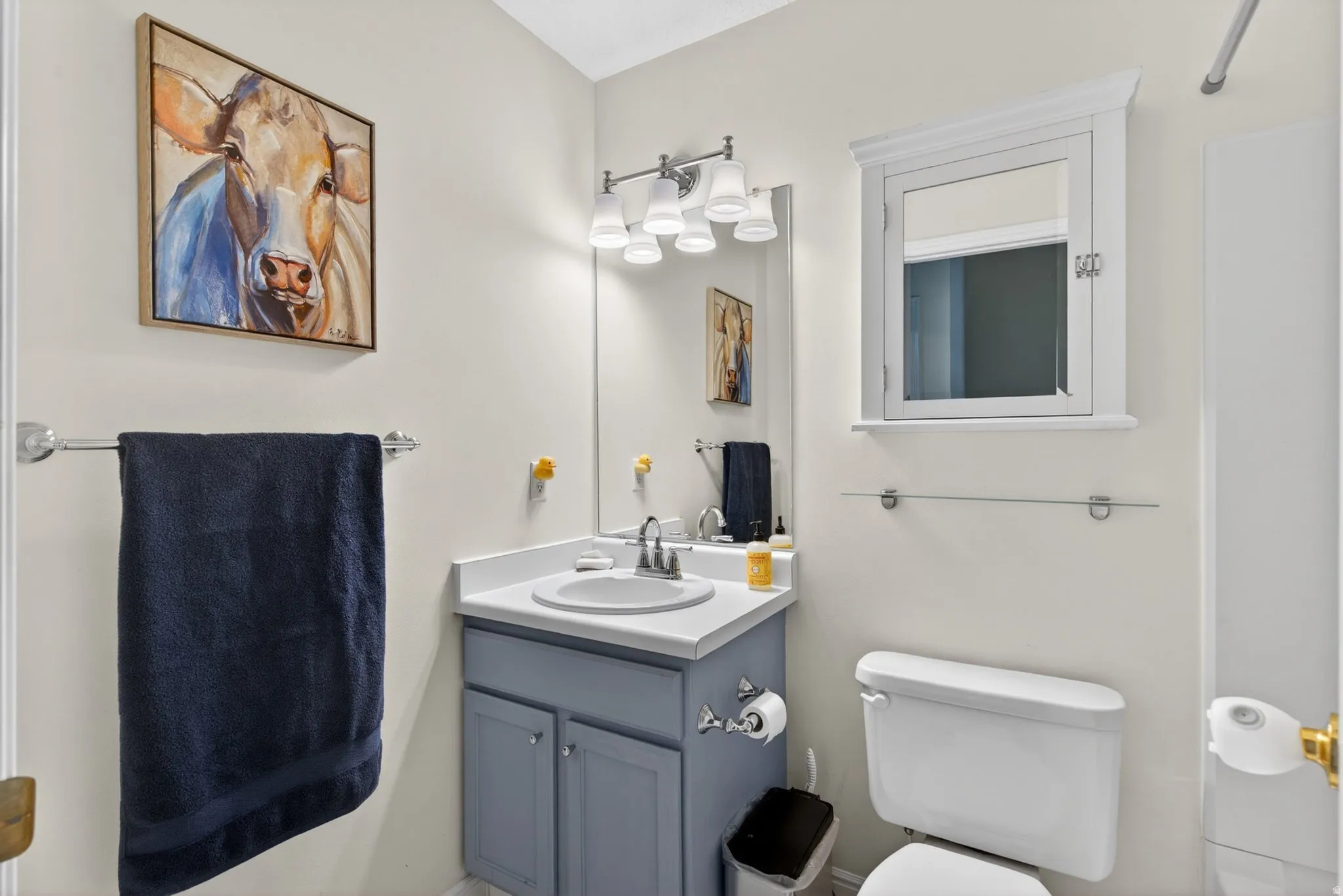 Bathroom vanity featuring a single basin, gray cabinet base, and white countertop