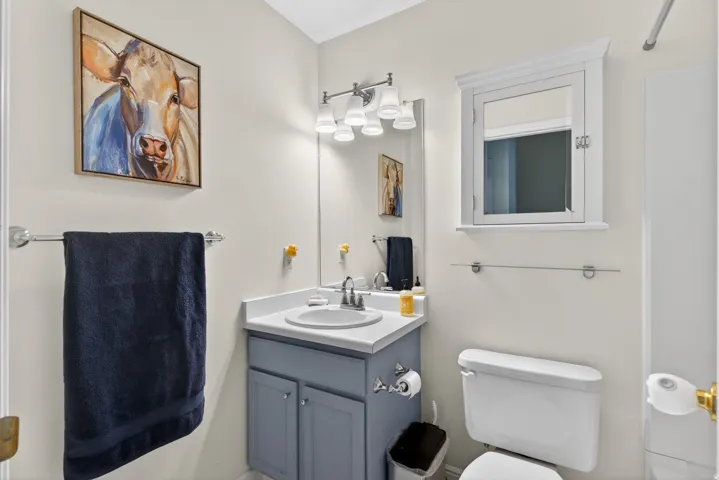 Bathroom vanity featuring a single basin, gray cabinet base, and white countertop