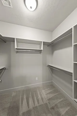 Spacious walk-in closet featuring multiple shelving units, built-in hanging rods, overhead storage, and light gray wall-to-wall carpeting