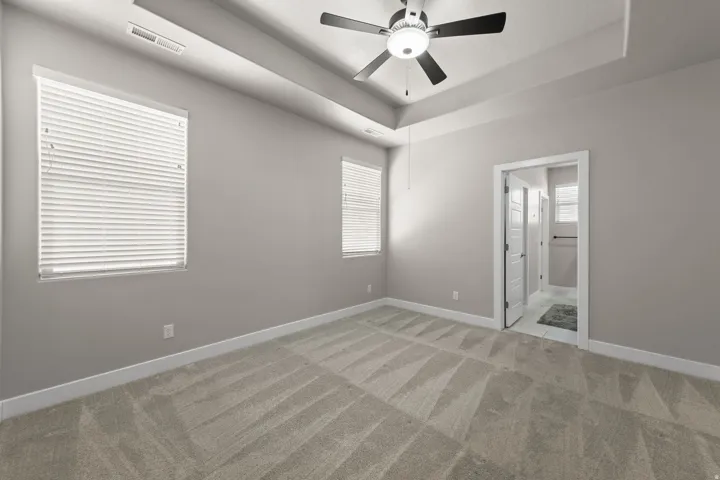 Spacious room featuring tray ceilings, neutral carpeting, and two windows with blinds