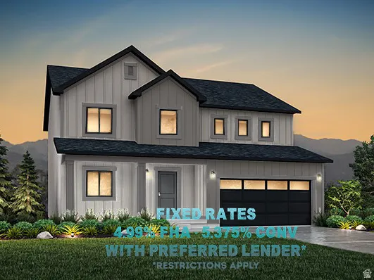 Modern farmhouse exterior with vertical siding, dark-trimmed windows, a covered front entry, and an attached two-car garage