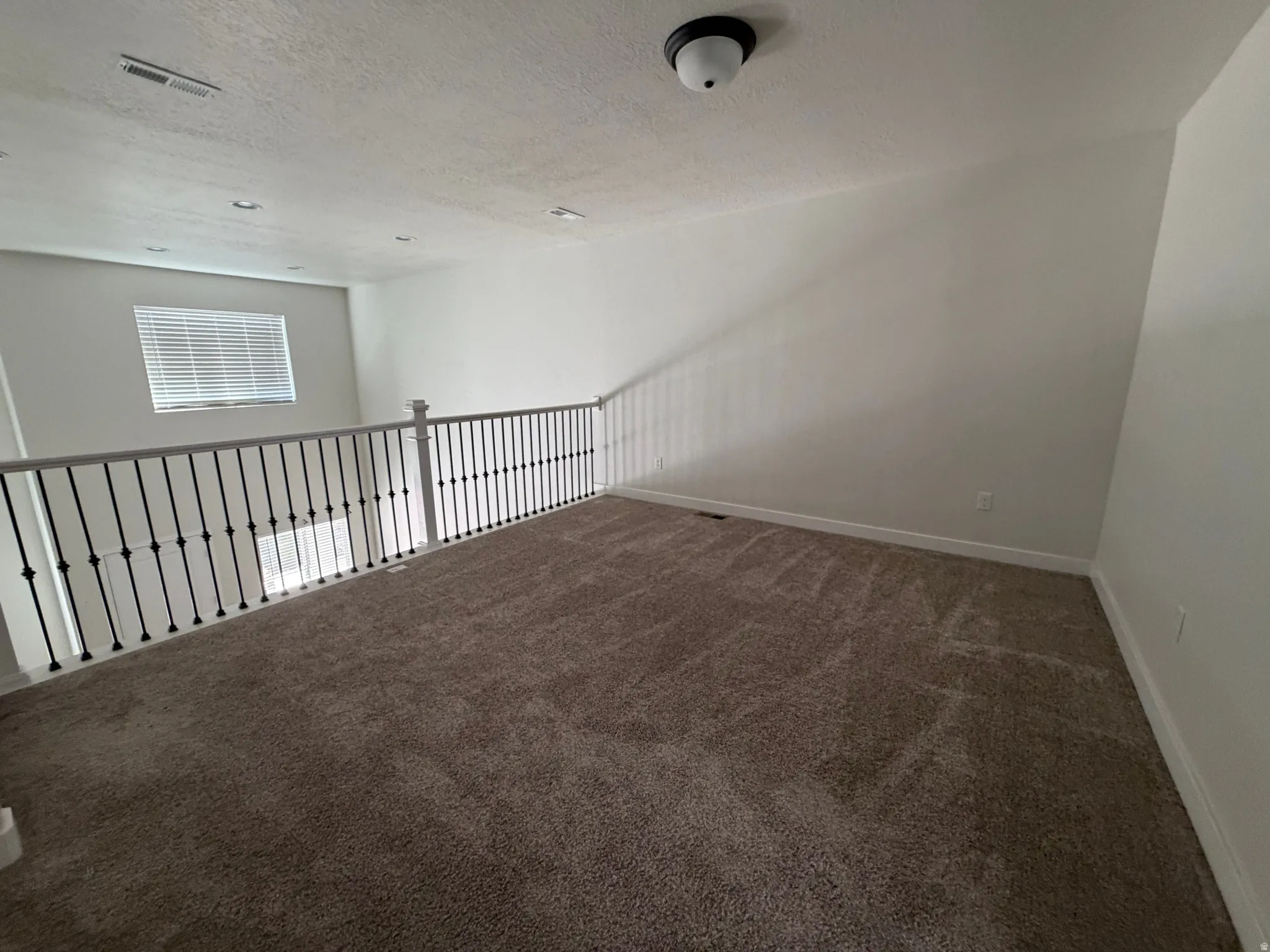 Carpeted loft space featuring a white spindle railing with a dark finish, a single window with horizontal blinds, and a flush-mount ceiling light