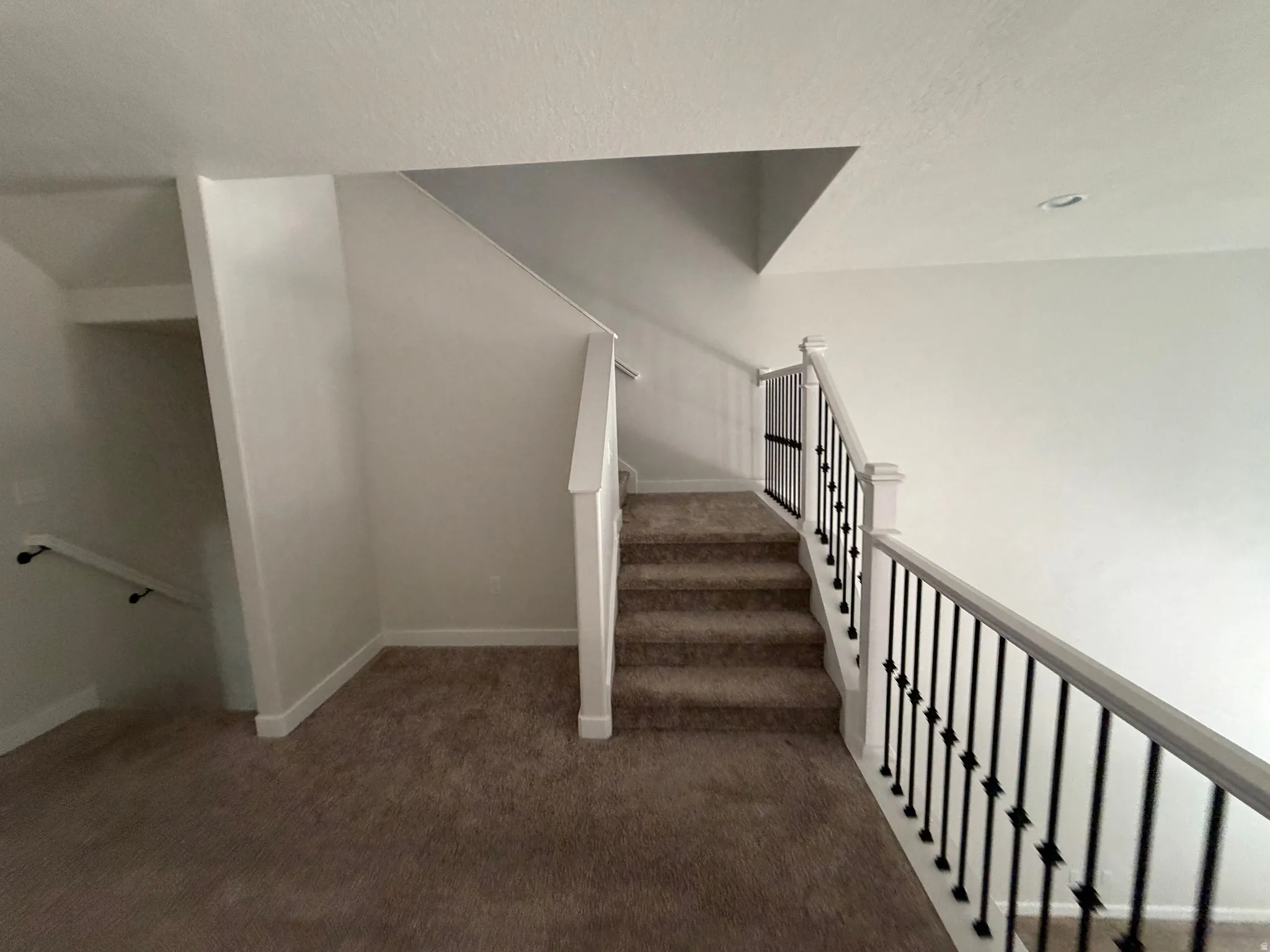 Carpeted staircase featuring white balusters and black iron spindles