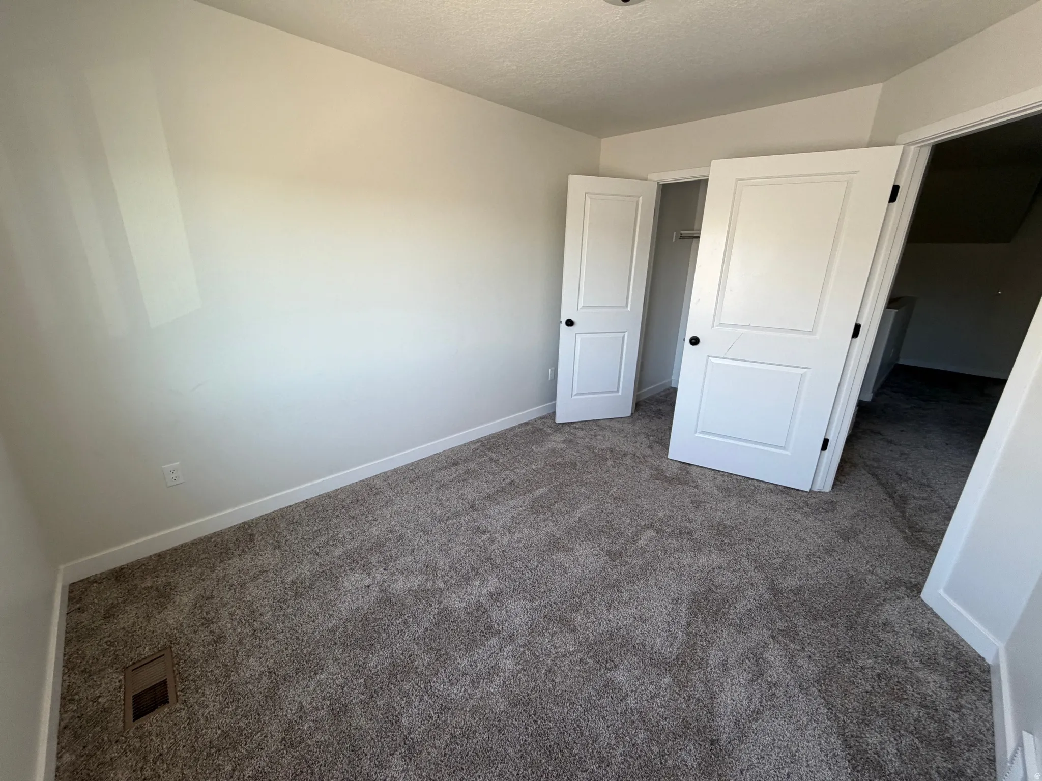 Room featuring neutral-toned carpeting, white baseboards, and two-panel interior doors with black hardware