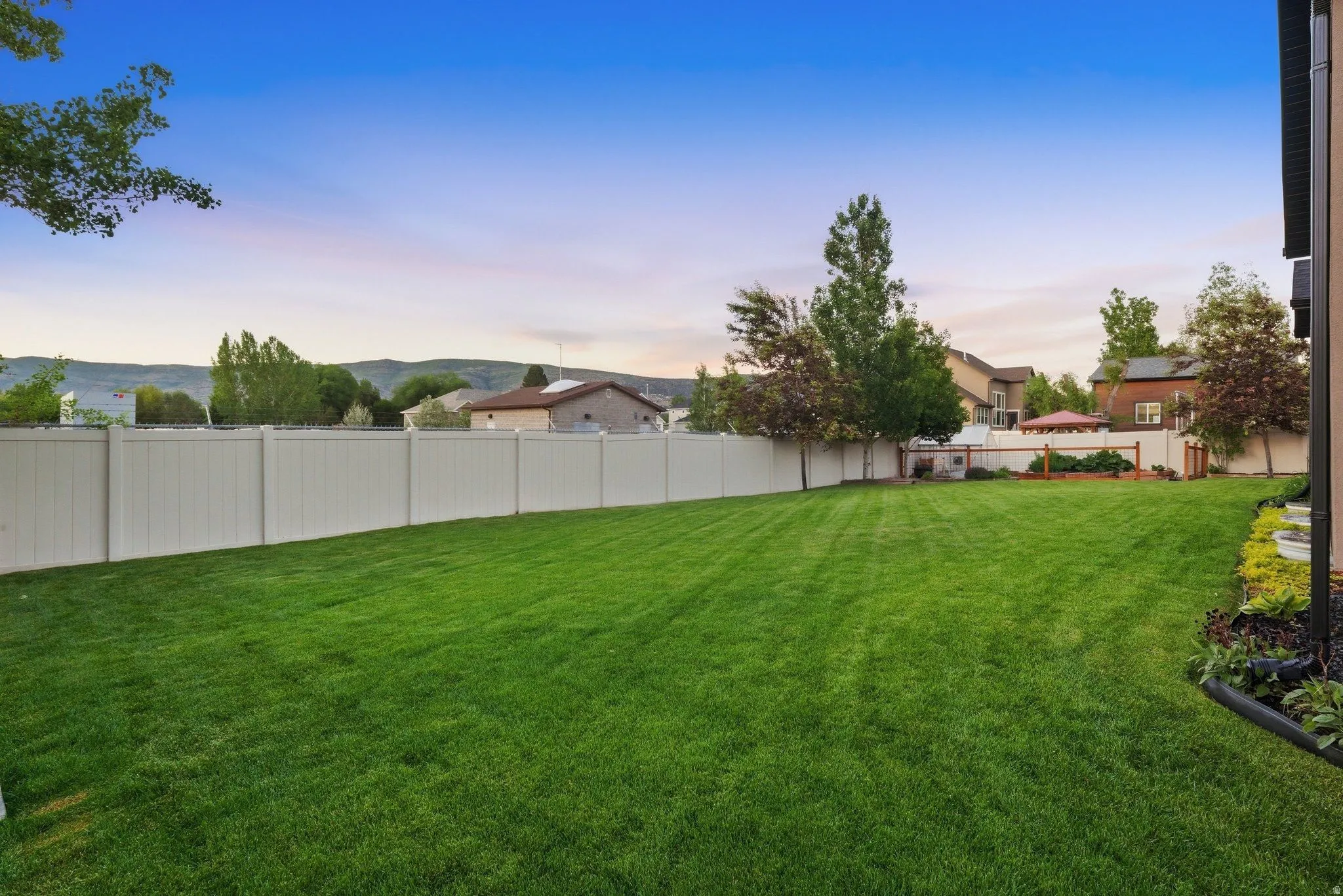 Expansive green lawn with a full privacy fence