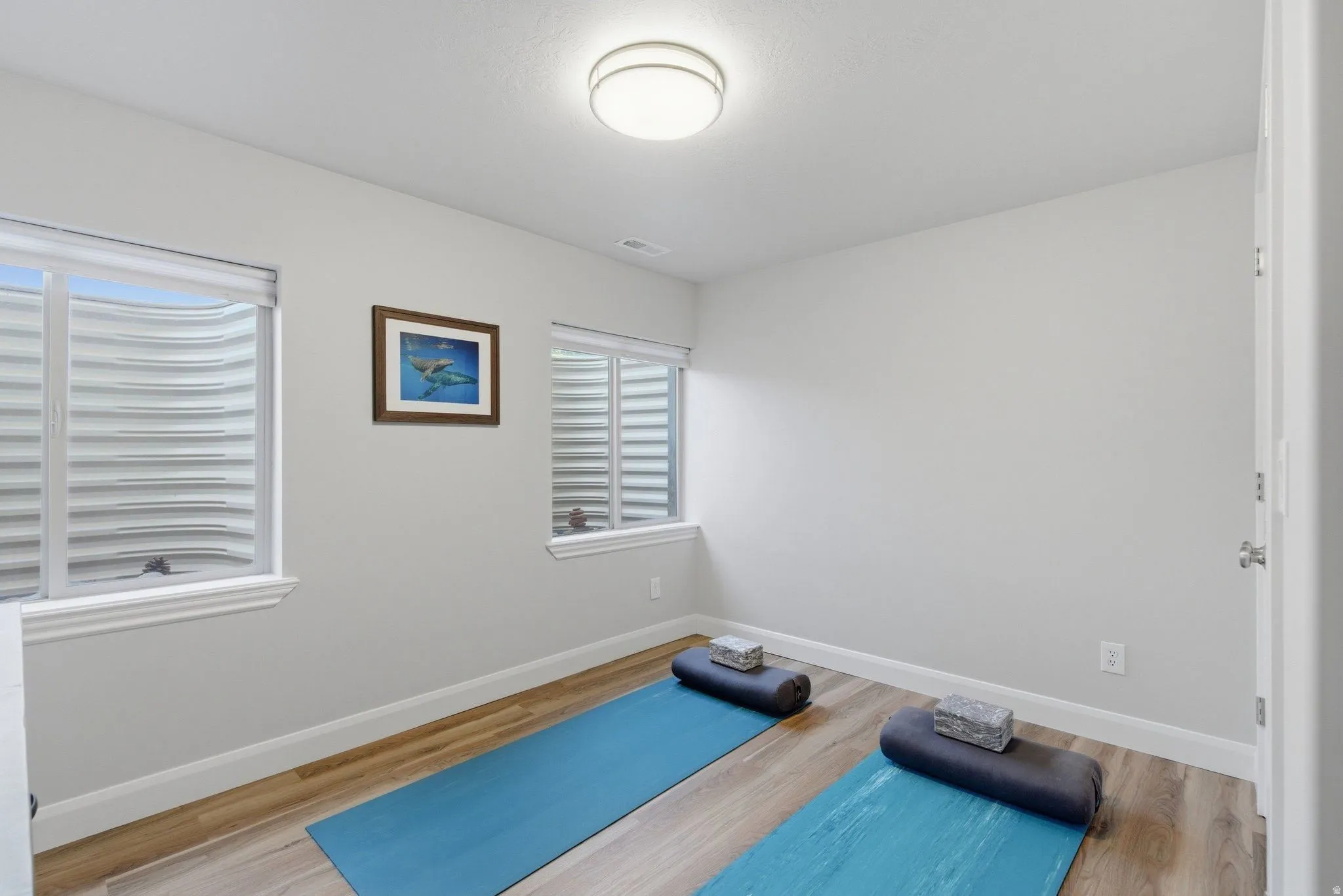 Versatile room featuring wood-finish flooring, two egress windows, a flush-mount ceiling light fixture, and light-toned wall paint