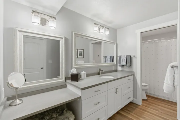 Bathroom featuring a double vanity with white cabinetry, light gray countertops, and brushed nickel hardware