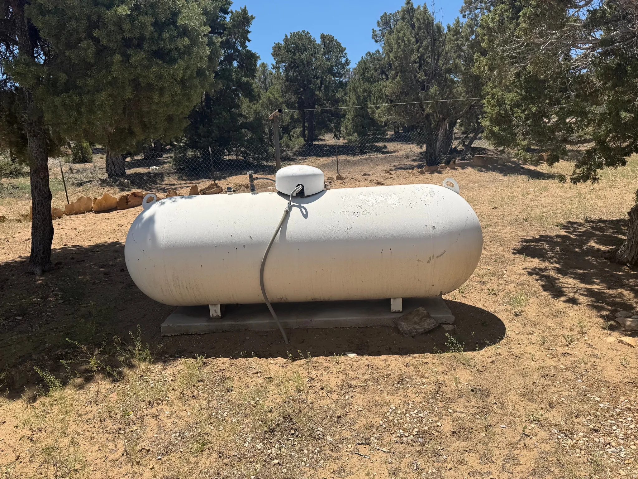 Above-ground propane tank on a concrete slab, surrounded by natural landscaping and mature trees