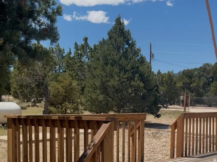 Expansive wood deck with natural wood railing and steps, surrounded by mature evergreen trees