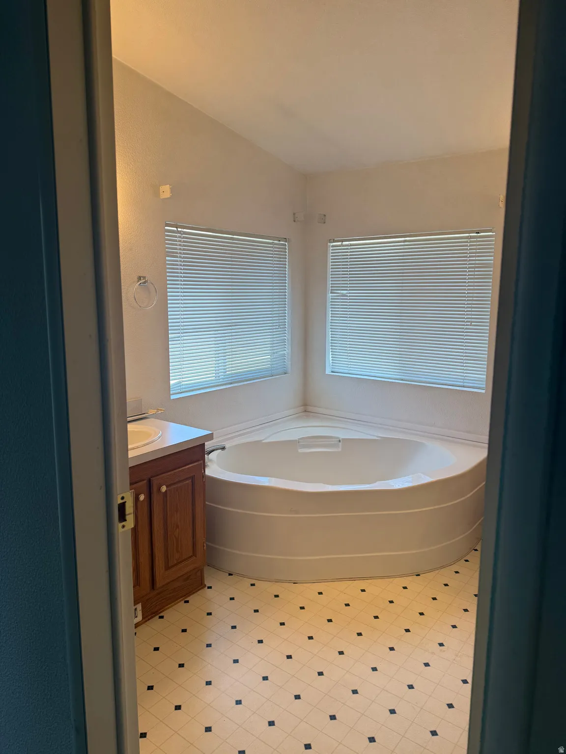 Master bathroom featuring a corner soaking tub, dual windows with blinds, a single vanity with wood cabinetry, and a patterned tile floor
