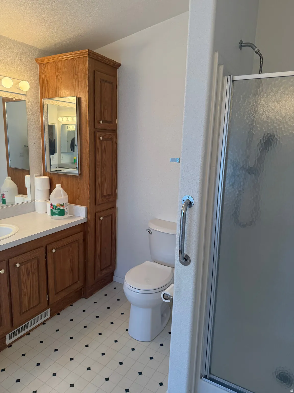 Master bathroom featuring a dual-sink vanity with wood-finish cabinetry, a tall storage cabinet, a shower enclosure with a clear glass door, a toilet, and patterned tile-look flooring