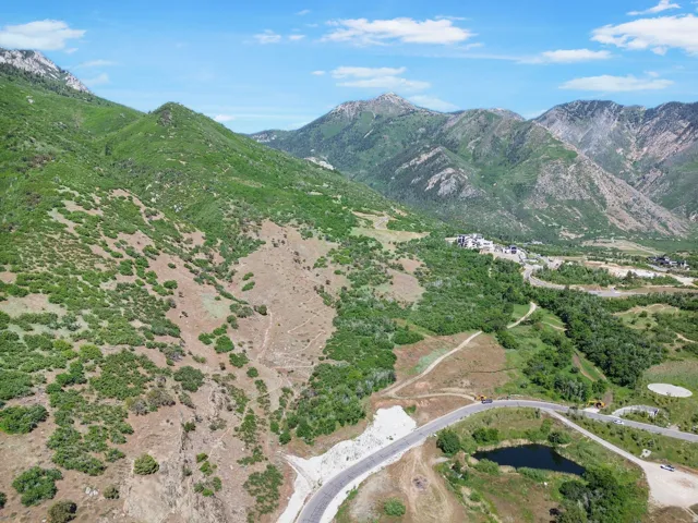 Elevated perspective showcasing expansive mountainous terrain with diverse vegetation and distant residential structures