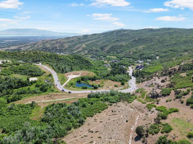 Expansive aerial landscape featuring a winding road, lush green hills, and distant water body