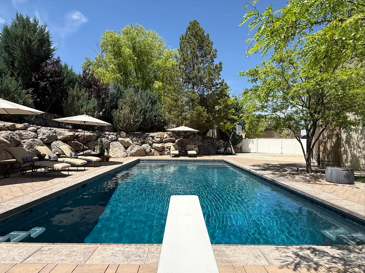 Rectangular, salt water pool with diving board.