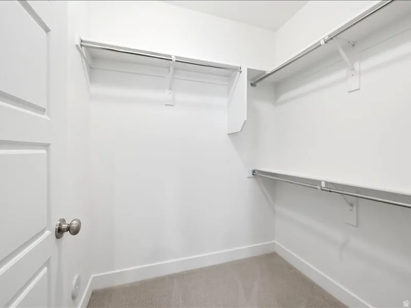 Walk-in closet with white walls, baseboards, and carpeted flooring