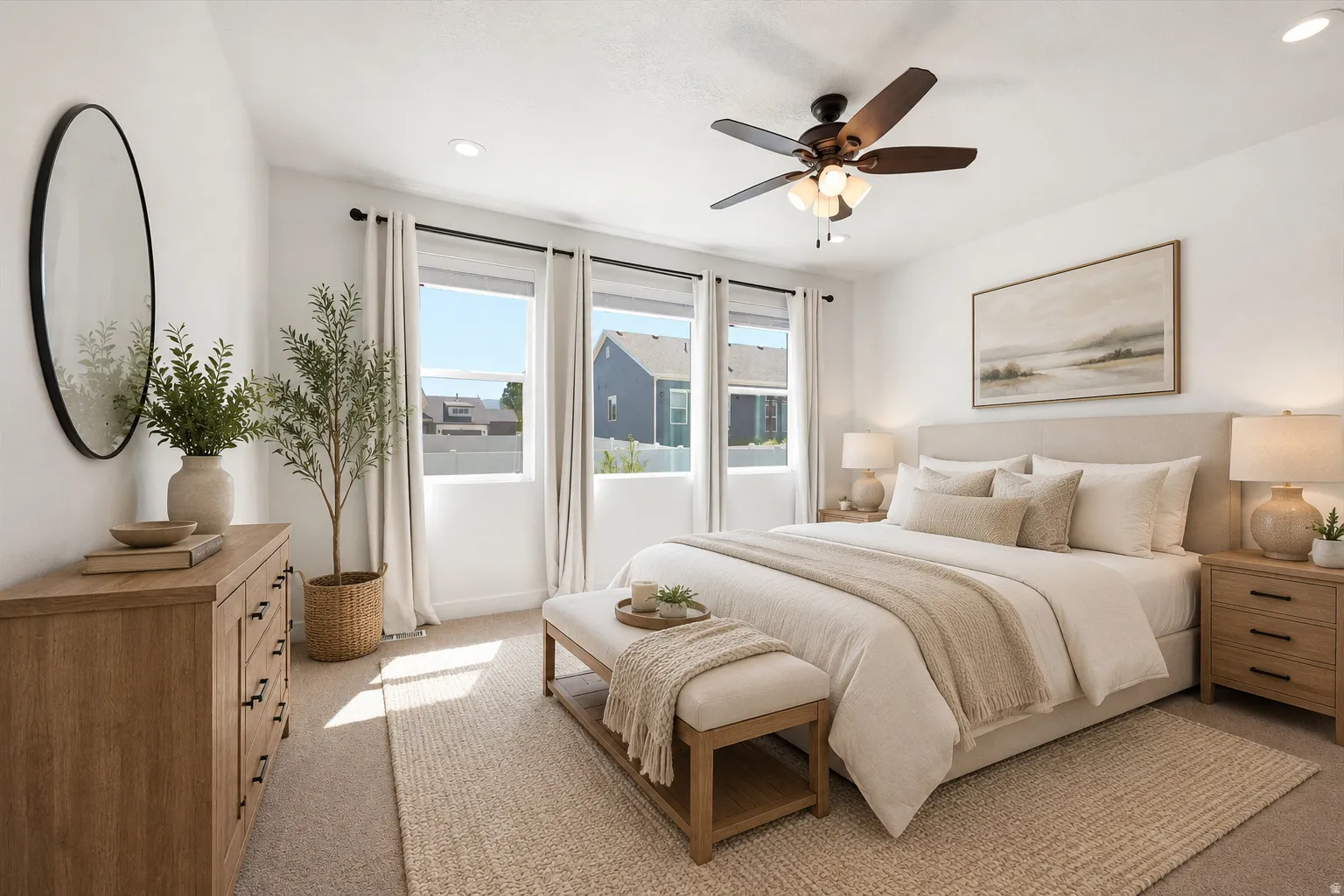 Bright bedroom featuring three large windows, a ceiling fan with integrated lighting, recessed lighting, and soft carpeting
