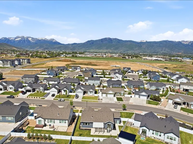Aerial perspective showcasing a residential community with varied architectural styles